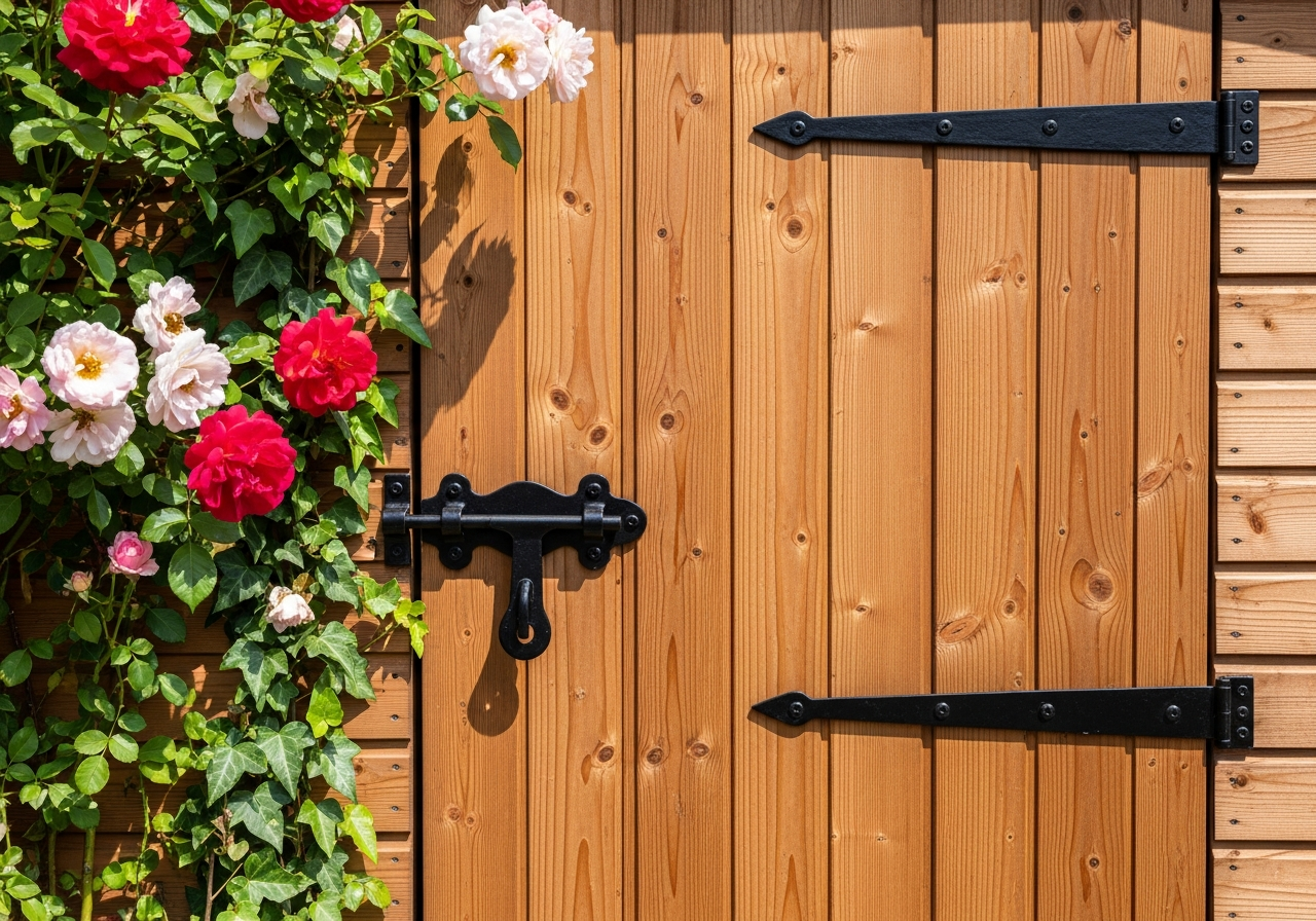 Close-up of a rustic wooden door with iron latch hardware