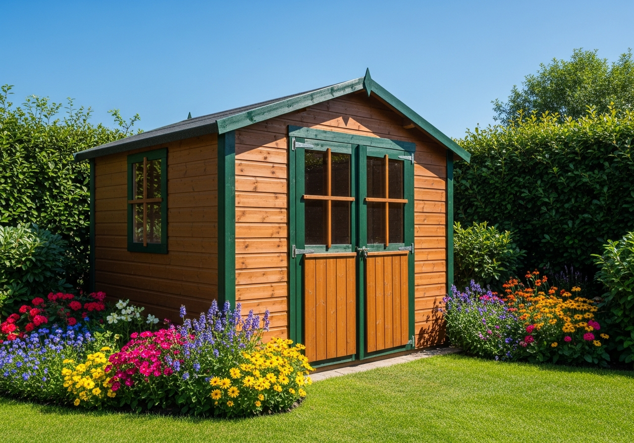 A classic wooden garden shed in a green garden setting