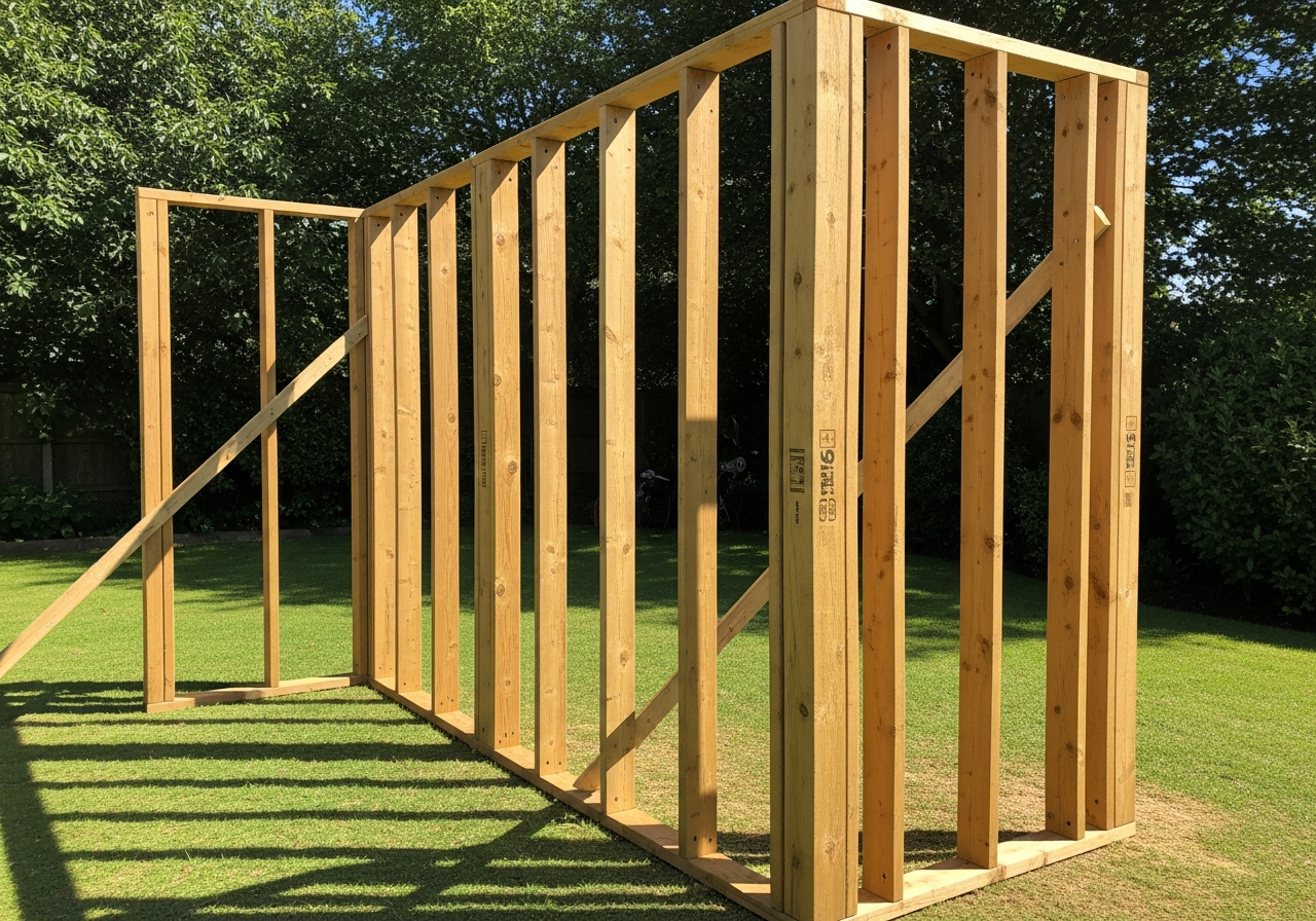 Wooden stud wall frame under construction