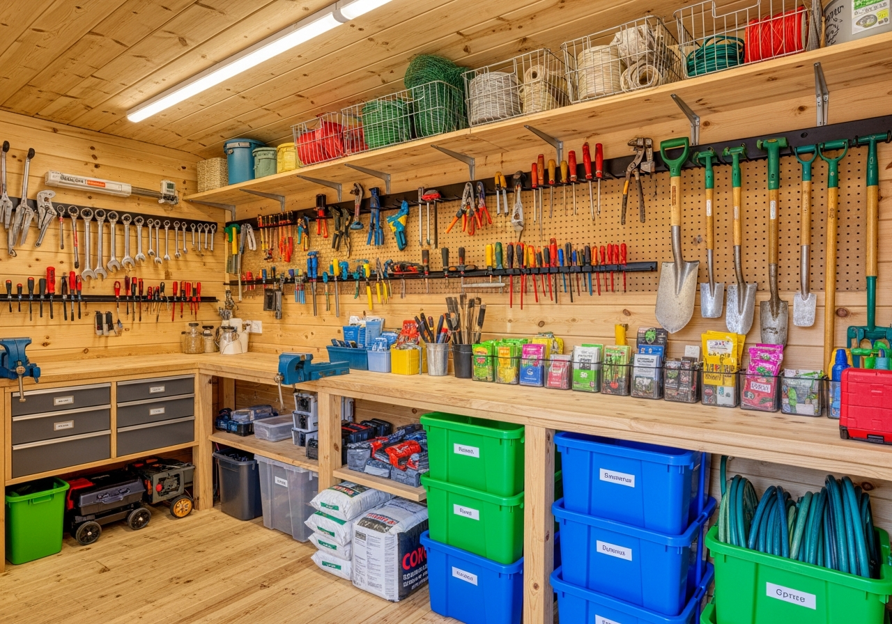 Well-organised shed interior with tools and storage