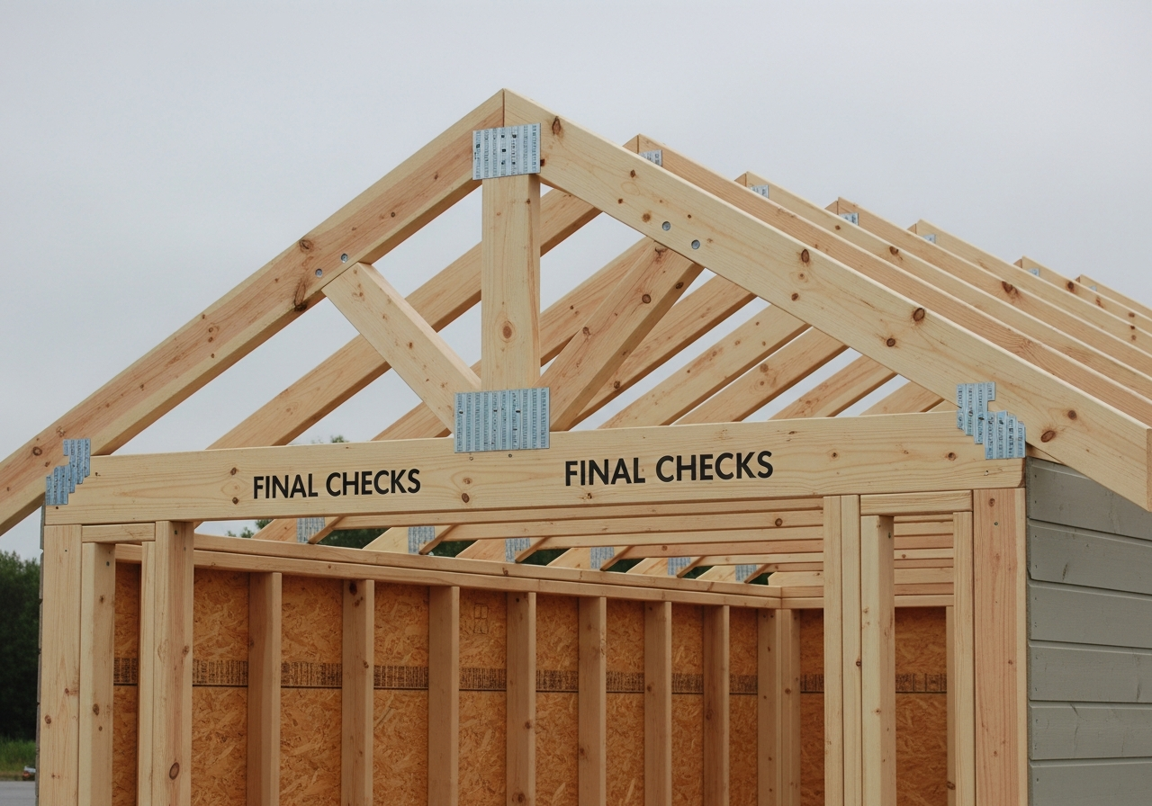 Timber roof structure with rafters visible during construction