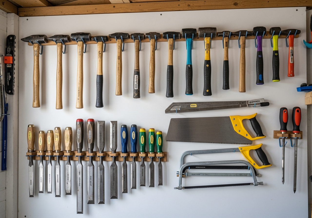 Workshop tools organised on a wall rack